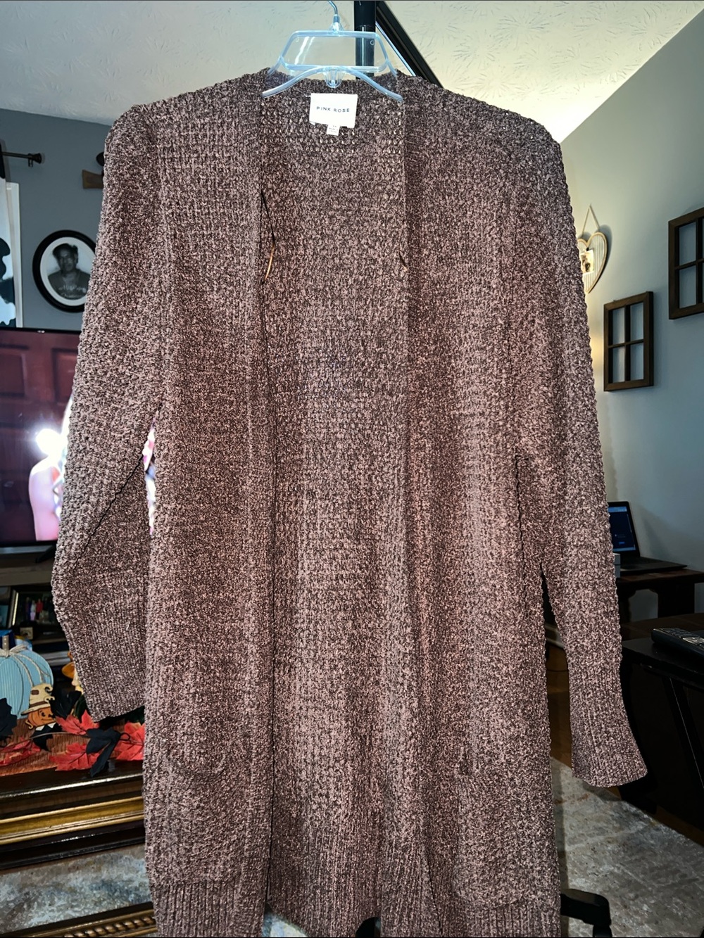 Pink Rose Brown Open-Front Knit Cardigan